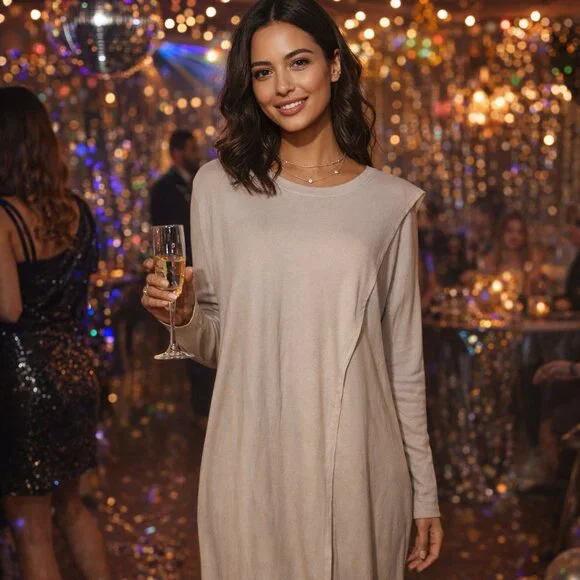 Italian Beige or Black Dress with Pockets and Split in Front (E9) - Picture 1 of 11